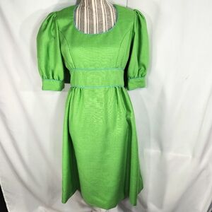 Vintage Ruth Varlan Green Blue Piping Accent Puff Short Sleeve Midi Dress Medium